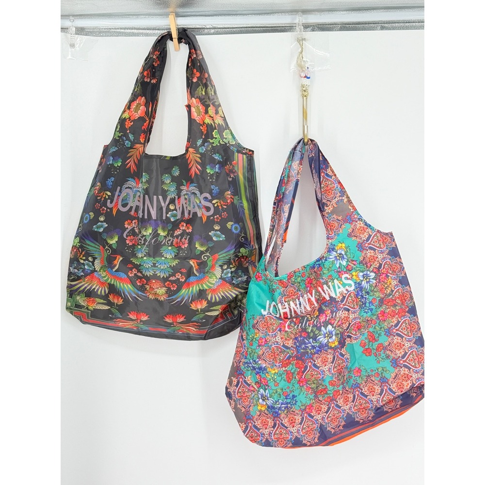 Johnny Was Pair Floral Phoenix Boho Reusable Tote Shopping Bags Size OS Packable